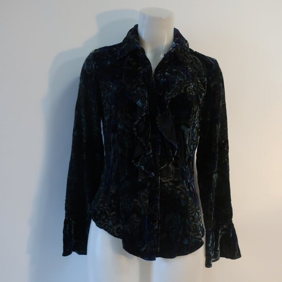 Womens Donna Degnan Black, Blue, Purple Velour Print Button Down Blouse 4 - Picture 1 of 12